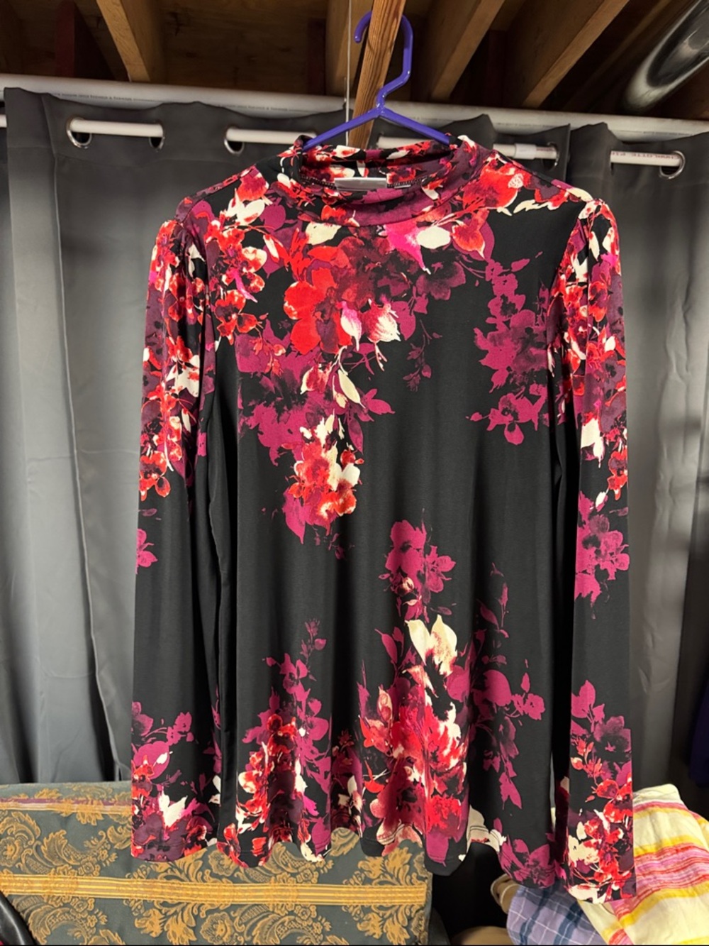 Susan Graver Black Top with Red and Fuchsia Floral Print
